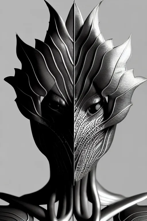 Image similar to bw contrasted close - up profile face, black background, beautiful young porcelain vegetal - dragon - cyborg - female, 1 5 0 mm, beautiful natural soft rim light, silver gold details, magnolia leaves and stems, roots, mandelbot fractal, elegant, ultra detailed, white metallic armour, octane render, h. r. giger style