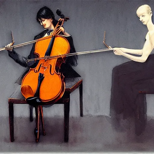 Image similar to cello violin concert art by banksy and alan lee