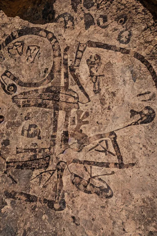 Image similar to 4 k photography of petroglyphs representing crosses, ufo, wifi symbol on a cave