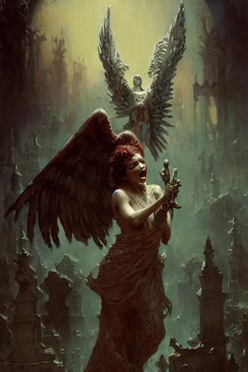 Prompt: screaming angel stealing the souls of the dead from a graveyard, portrait dnd, painting by gaston bussiere, craig mullins, greg rutkowski, yoji shinkawa