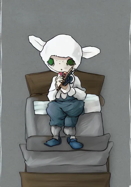 Image similar to little boy wearing sheep suit playing an flute sitting on bed. white, gray, blue, green and brown pallet color. made in abyss art style, inspired in kris from deltarrune, cute detailed artwork, anatomically correct