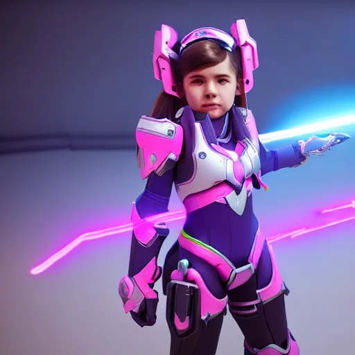 Image similar to a young girl with the appearance and armor of d. va from overwatch, design, octane render, 4 k, ingame shot