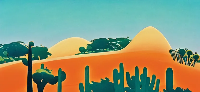 Image similar to a disney desert, painting by Eyvind Earle