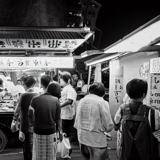 Image similar to candid street photography of a night market food stall by hisaji hara