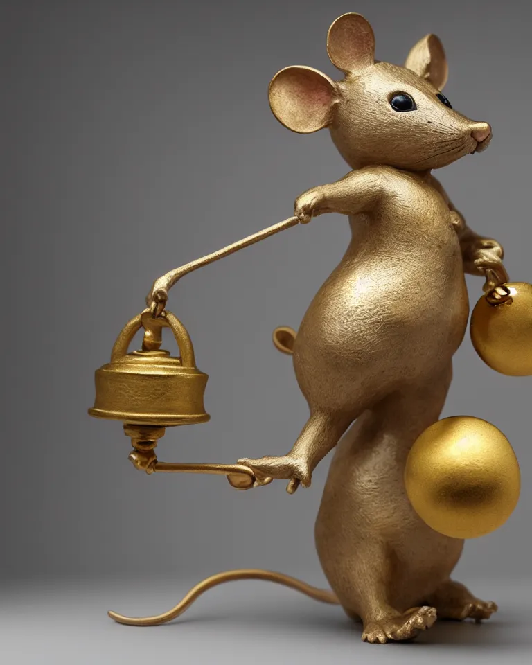 Image similar to a hyperrealistic, highly detailed statue of a mouse standing on two legs and holding a round bell made of white marble and gold, dramatic lighting, trending on artstation, sigma 5 0, hyper realisitic