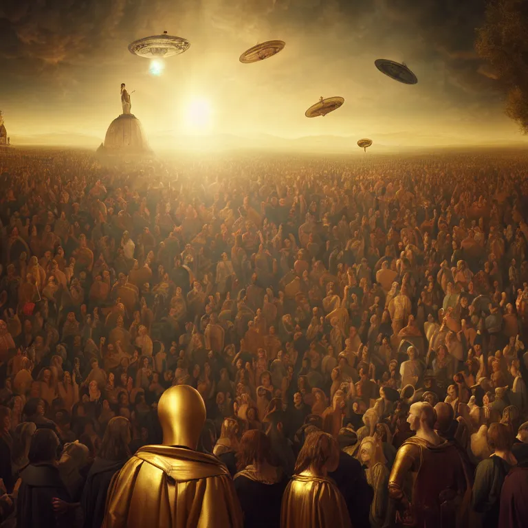 Prompt: portrait of a beautiful man in a crowd of medieval people surrounding UFO flying saucer, dream-like atmosphere, baroque portrait painting, perfect portrait composition, beautiful detailed intricate insanely detailed octane render trending on Artstation, 8K artistic photography, photorealistic, soft natural volumetric cinematic perfect light, golden hour, chiaroscuro, award-winning photograph, masterpiece, Raphael, Caravaggio, Greg Rutkowski, Beeple