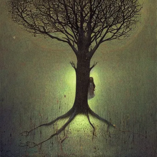 Prompt: girl dreams under the tree by Beksinski