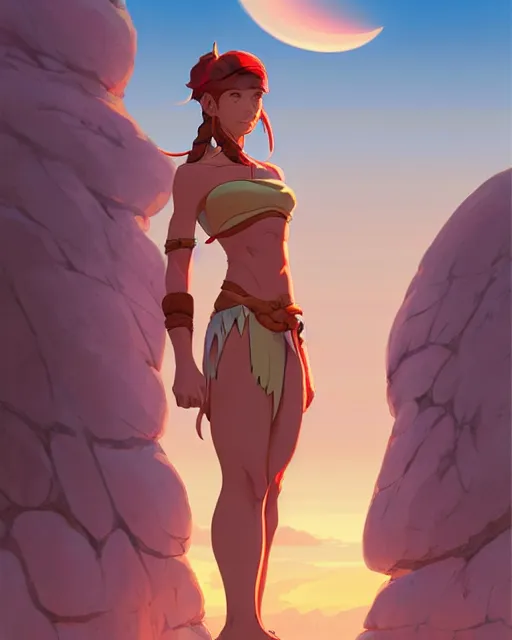 Prompt: ginger tanned woman in a prehistoric outfit, by artgerm, hair tied in a ponytail, no background character concept, by studio muti, greg rutkowski makoto shinkai takashi takeuchi studio ghibli