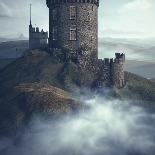 Prompt: a king ruling over a tower of a castle on some hills in england, cinematic, cgsociety, hyper detailed, octane render, unreal engine, foggy, middle of the day, photorealistic