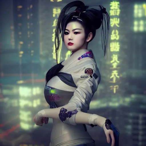 Image similar to !dream cyberpunk geisha, full body, cinematic lighting, beautiful face, ultra detail, ultra realistic, photo realistic, octane render,