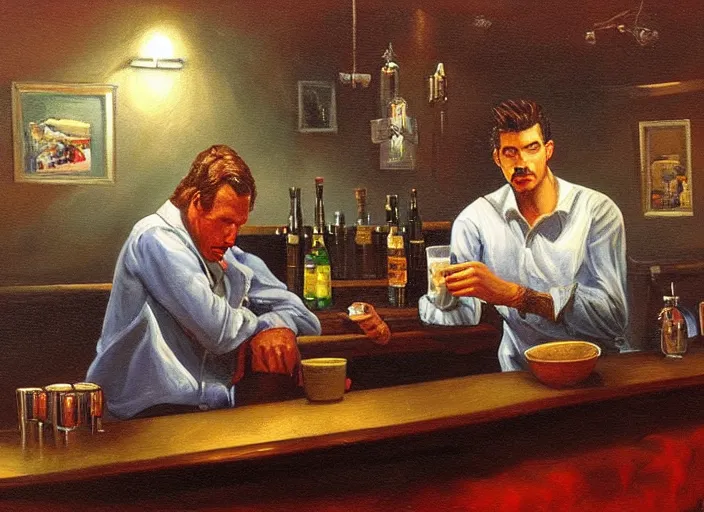 Prompt: a painting of two men sitting at bar during a blizzard by Michael Whelan, dim lighting, ominous tone.