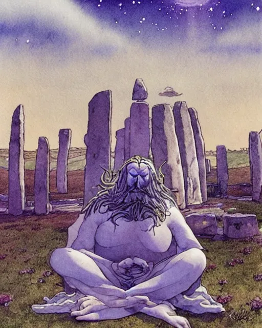 Image similar to a hyperrealist studio ghibli watercolor fantasy concept art of a giant long haired grey witch in lotus position sitting on top of stonehenge with a starry sky in the background. a ufo is in the sky. by rebecca guay, michael kaluta, charles vess