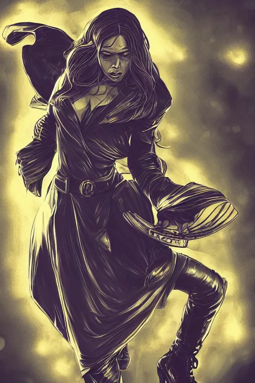 Prompt: cell shaded, head and shoulders, character art, religious, woman magician, dark background, dramatic bold gold lighting, solid colors and blacks, thick line art, dark shadows, sharp edges, artstation, photoshop, trending, bloom, grunge, high contrast, comic, graphic novel, dark background, digital 2 d, artstation, rafael albuquerque city of mist rpg
