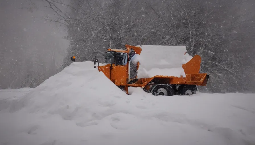 Image similar to snowplow covered by snow in beautiful winter landscape. fog, snowstorm, photorealistic rendering, octane, depth of field, blurry