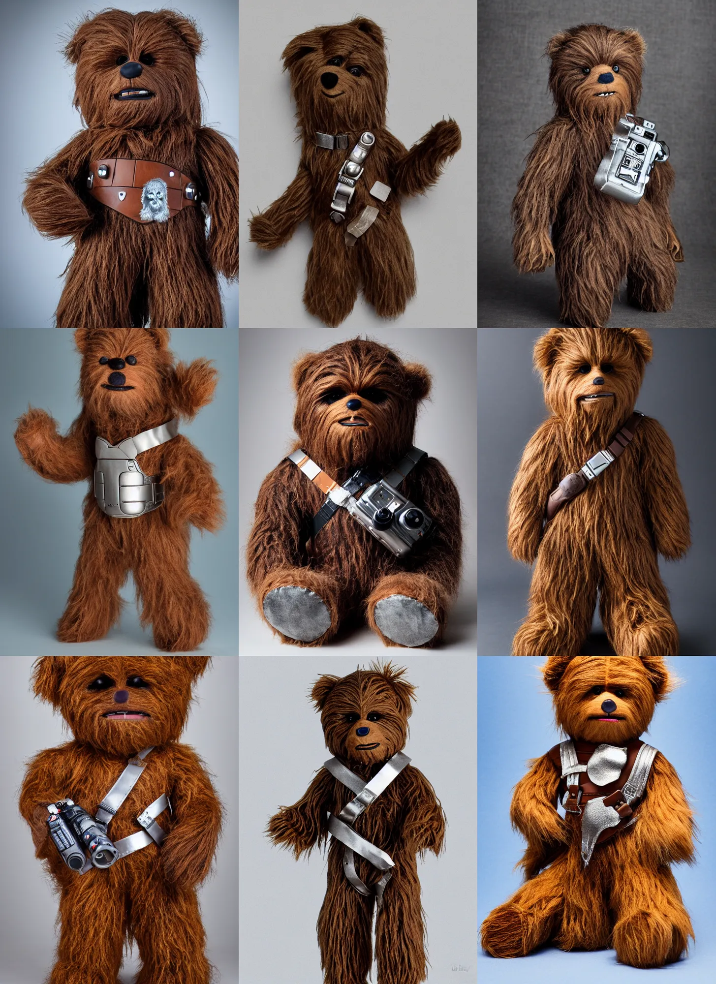 Prompt: teddy bear as chewbacca wearing silver bandolier, stuffed toy, product photo, jellycat, dslr, volumetric lighting, annie leibovitz