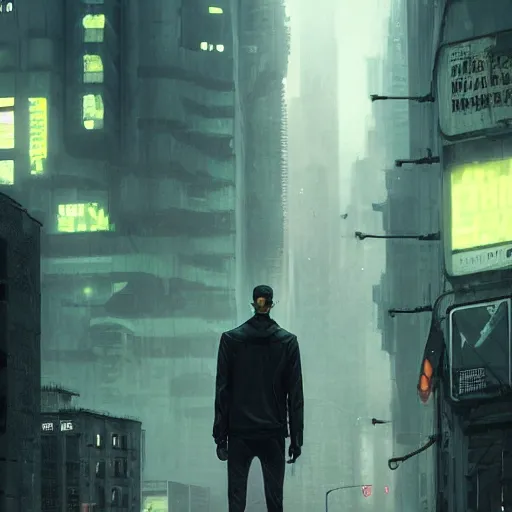 Image similar to A tall slender man in a techwear outfit, high quality, digital art, dire cyberpunk city, gray sky, neon signs in background, greg rutkowski