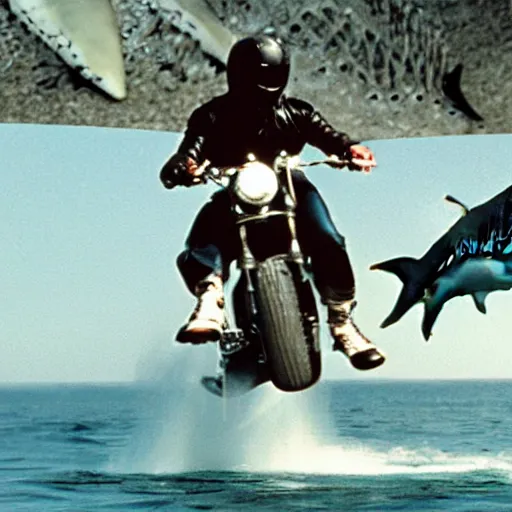 Prompt: a still of arthur fonzarelli jumping over a shark with his motorbike