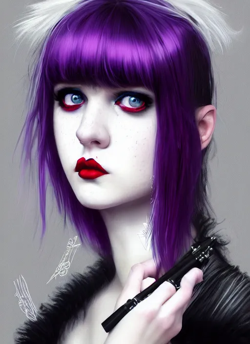 Image similar to portrait of white teenage girl, normal face, black bangs, mall goth, cyberlox, black and white hair, bangs, fluffy bangs, red contacts, purple lipstick, intricate, elegant, highly detailed, digital painting, artstation, concept art, sharp focus, smooth, illustration, art by wlop, mars ravelo and greg rutkowski