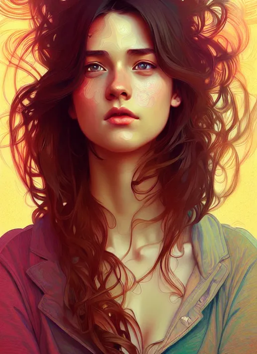 Image similar to handsome young women with shoulder length brown hair, half body shot, path traced, highly detailed, high quality, digital painting, alena aenami, lilia alvarado, shinji aramaki, karol bak, alphonse mucha, tom bagshaw