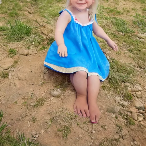 Prompt: a little peasant girl, blue dress, blond hair, bare feet, smiling