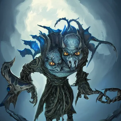 Image similar to a highly detailed goblin with grey skin and blue eyes that glow, with a windy background, like magic the gathering, goblin chainwalker,, digital art, by christopher rush