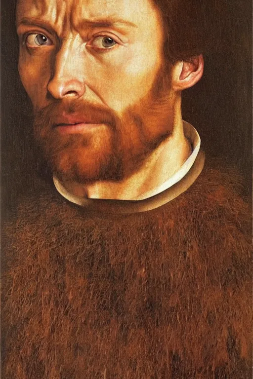 Image similar to portrait of hugh jackman, oil painting by jan van eyck, northern renaissance art, oil on canvas, wet - on - wet technique, realistic, expressive emotions, intricate textures, illusionistic detail