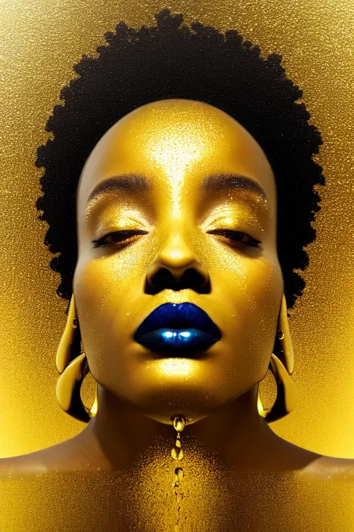 Prompt: hyperrealistic modern cinematic very expressive! profile black oshun goddess, head emerging from water, mirror dripping droplet!, gold flowers, highly detailed face, digital art masterpiece, smooth eric zener cam de leon, dynamic pearlescent teal light, low angle uhd 8 k, sharp focus