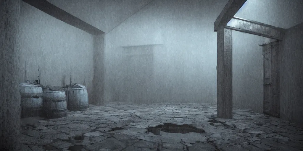 Image similar to echo chamber room, dark art fantasy, 3d render, super detailed, puddle of water, barrels, foggy