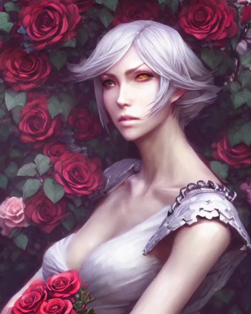 Prompt: an elegant lady surrounded by skulls in a garden full of roses, final fantasy, cushart krenz, cushart krenz, very detailed, realistic face, detailed face, matte, tonemapping, perfection, 4 k,