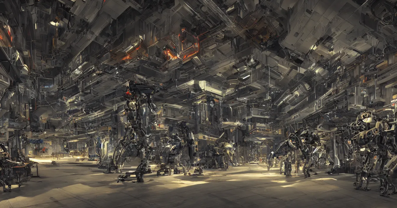 Image similar to Realistic concept art, digital art of a factory interior for mech robots production, full of various electronic and mechanical mech parts, weapons, devices and instruments, with hardware engineers and scientists walking around, spotlights from ceiling, incredible sharp details, light contrast, dark atmosphere, bright vivid colours, reflections, metal speculars, rendered in Redshift, Octane render