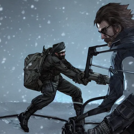 Image similar to Solid Snake from MGS and Gordon Freeman from Half-Life melee fight against each other on an abandoned military base, winter, very detailed, hyper realism, epic, close-up fight, digital art, concept art, illustration, artstation, cgi, 4k