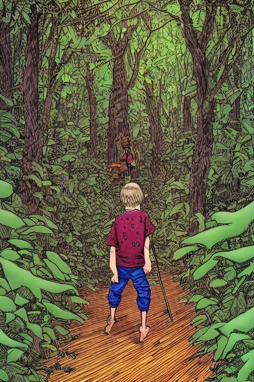 Prompt: young boy entering a huge mysterious and ominious forest, path, mushrooms, very graphic illustration by jean giraud, drawing, yoshitaka amano vibe, clean line, colorful comics style