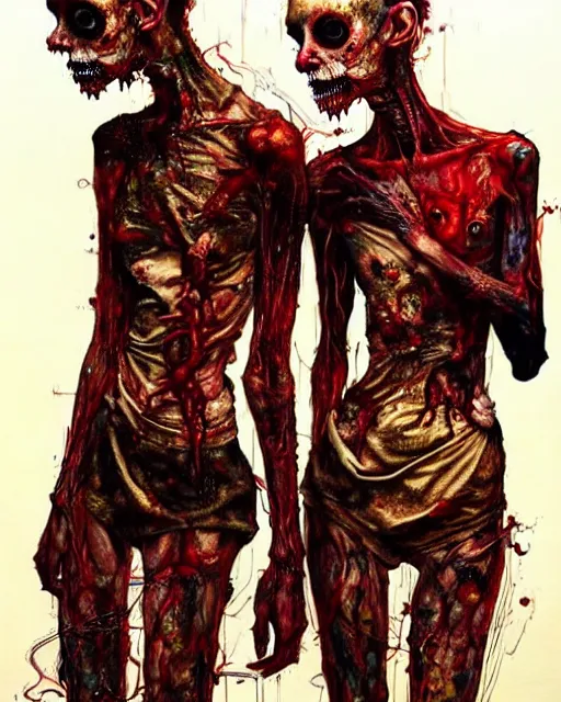 Prompt: two skinny zombies with guts, wearing gas masks, cinematic, dystopian, eerie, horror, gothic, draped in gold, black and red, highly detailed painting by !!!Jenny Saville!!!, Esao Andrews, (((Francis Bacon))), Edward Hopper, surrealism, art by Takato Yamamoto and James Jean
