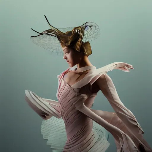 Image similar to 3 / 4 view of a ballerinal wearing an origami dress, eye - level medium shot, elegant, by eiko ishioka, givenchy, philippe druillet, by peter mohrbacher, centered, fresh colors, origami, fashion, detailed illustration, vogue, high depth of field, japanese, reallusion character creator