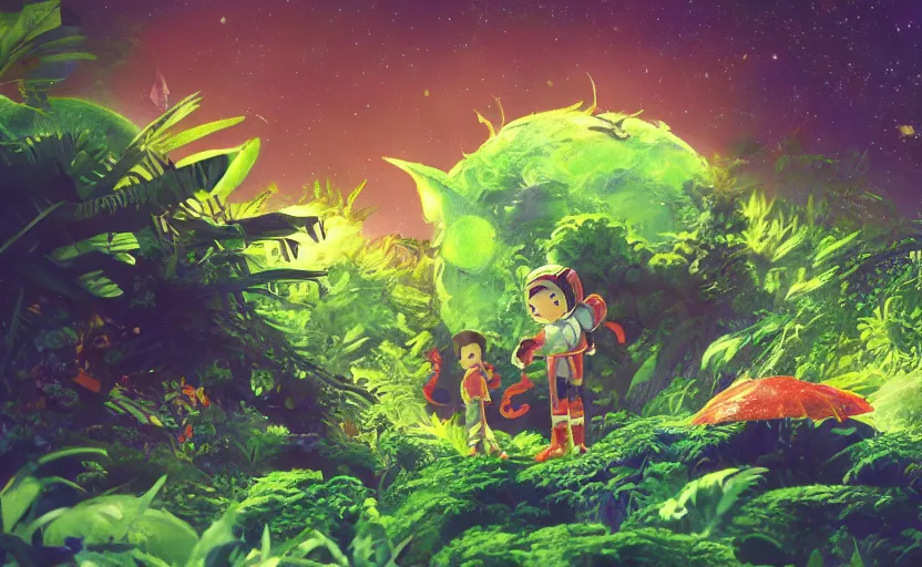 Image similar to a still of a cute adorable tiny astronaut, on a planet of lush colorful foliage, with an enormous kaiju dragon surrounding the full background, magical forest, sharp focus, neon backlit, highly detailed, disney pixar studio ghibli makoto shinkai, digital painting, matte, octane render, cinematic bloom, global illumination, iridescent, anime, 8 k concept art