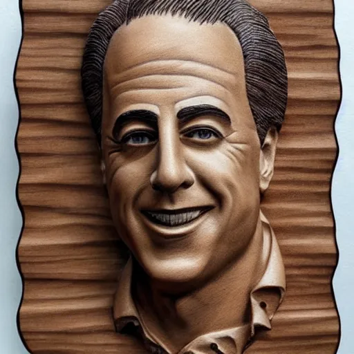 Image similar to Jerry Seinfeld's face carved un wood, detailed artwork, Masterpiece