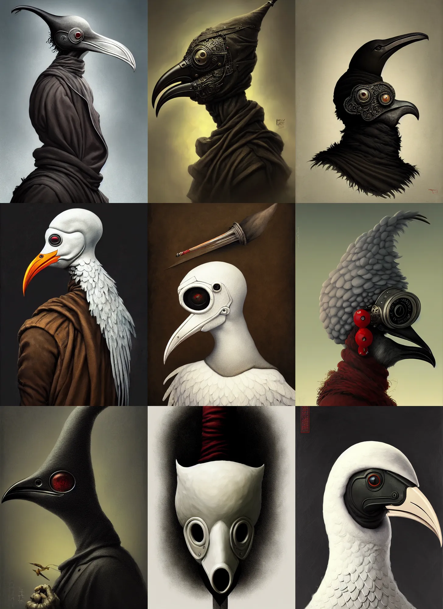 Prompt: rpg! profile! portrait of a surreal humanoid bird plague doctor on white background, beak, intricate, highly detailed, digital painting, artstation, concept art, smooth, sharp focus, illustration, art by norman rockwell ponzi remnev lossel currin jasinski albright hsiao - ron cheng, 8 k