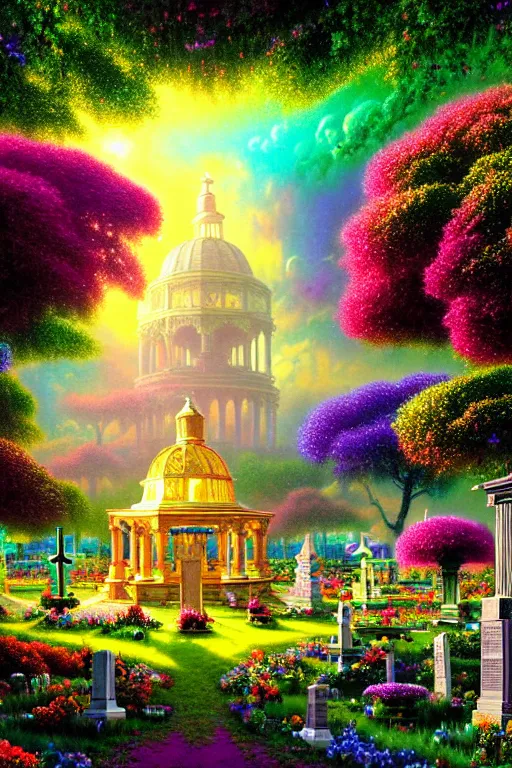 Prompt: a photorealistic detailed cinematic image of a beautiful vibrant iridescent future for human evolution, spiritual science, divinity, utopian, gazebo overgrown with flowers surrounded by an ornate cemetery, by david a. hardy, kinkade, lisa frank, wpa, public works mural, socialist