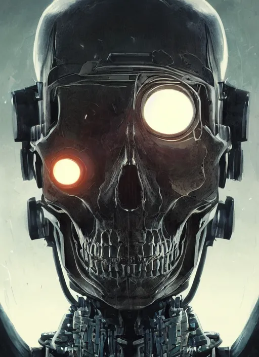 Image similar to metal skull half covered face with cybernetic enhancements as seen from a distance, scifi character portrait by greg rutkowski, esuthio, craig mullins, 1 / 4 headshot, cinematic lighting, dystopian scifi gear, gloomy, profile picture, mechanical, half robot, implants, solarpunk