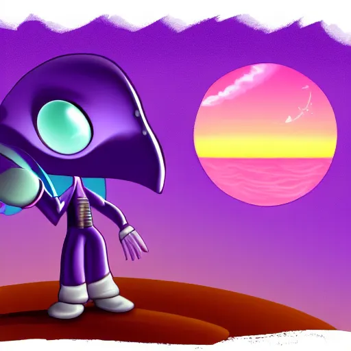 Image similar to friendly alien sailor cartoon soft purple sunset hopeful hd digital