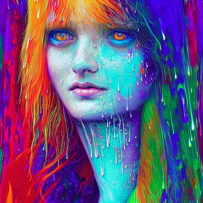 Image similar to bright psychedelic portrait with rain on face and wet hair, wings, smiling, diffuse lighting, fantasy, intricate, elegant, highly detailed, lifelike, photorealistic, digital painting, artstation, illustration, concept art, smooth, sharp focus, art by John Collier and Albert Aublet and Krenz Cushart and Artem Demura and Alphonse Mucha