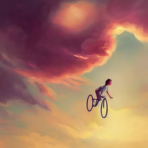 Prompt: A striking closeup, painting of a happy man flying in the sky on his bicycle in the clouds, award-winning digital art by Ross Tran