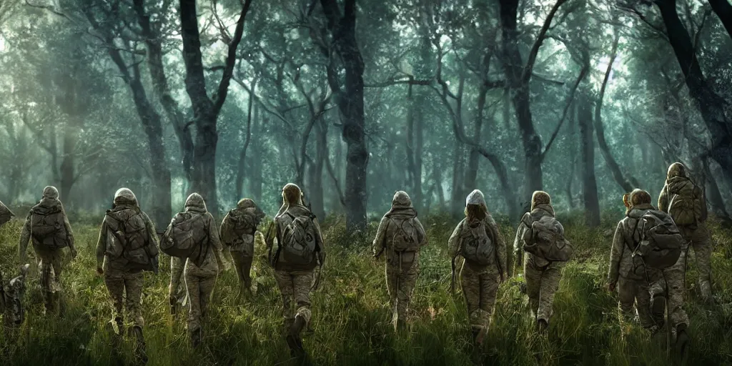 Image similar to group of female soldiers, searching through iridescent woods, makeshift camp, aerial photography, eerie, beautiful, stunning, intricate detail, cinematic, unreal engine, concept art, photorealism