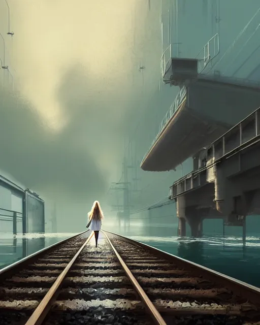 Image similar to photo of girl walking along submerged train tracks reflective water toward a station in the distance, wide horizon, large white clouds, intricate, elegant, highly detailed, digital painting, artstation, concept art, smooth, sharp focus, illustration, art by artgerm and greg rutkowski and fra angelico