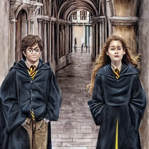 Image similar to Harry Potter and Hermione in Venice, art gallery, art museum, symmetrical face, beautiful eyes,