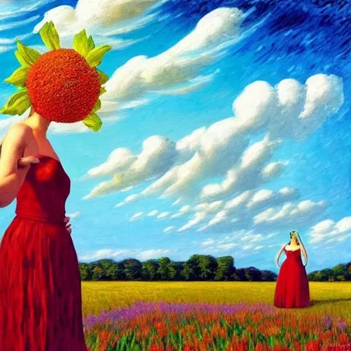 Image similar to giant flower head, frontal, woman standing in field, surreal photography, colorful clouds, impressionist painting, digital painting, artstation, rob gonsalves