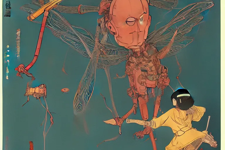 Image similar to gigantic dragonflies with human faces catch tiny robots, a lot of exotic mechas robots around, human heads everywhere, risograph by kawase hasui, dirtyrobot, edward hopper, satoshi kon and moebius, colorful flat surreal design, super - detailed, a lot of tiny details, fullshot