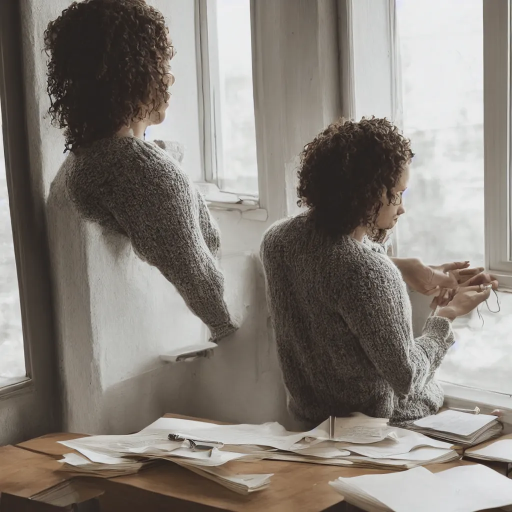 Prompt: a woman sitting a desk next to a window, reading a letter, warm, happy, sunlight