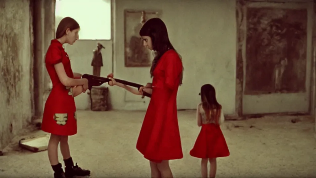 Image similar to A girl in a mod dress holding an axe confronts the monster, Film still from Wes Anderson, wide lens