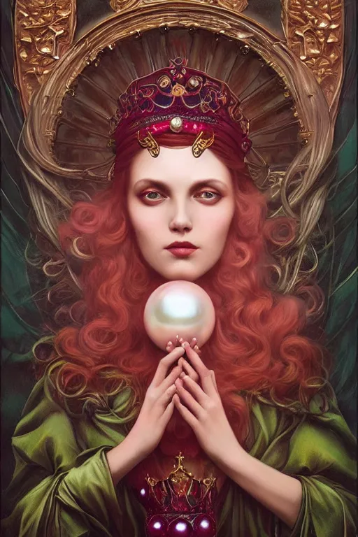 Image similar to Crown with iridescent pearls, ruby jewels, other worldly, art nouveau, by Anato Finnstark, Tom Bagshaw, Brom